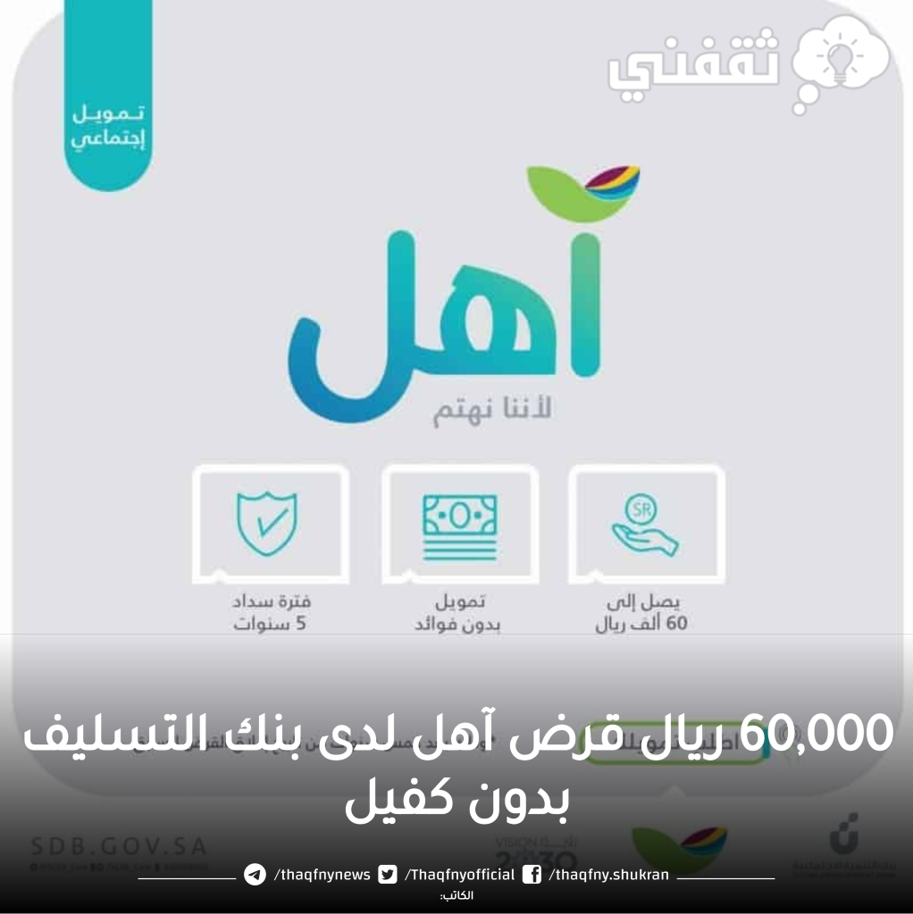 60000 ريال قرض آهل بدون كفيل بأقساط شهرية بدون فوائد